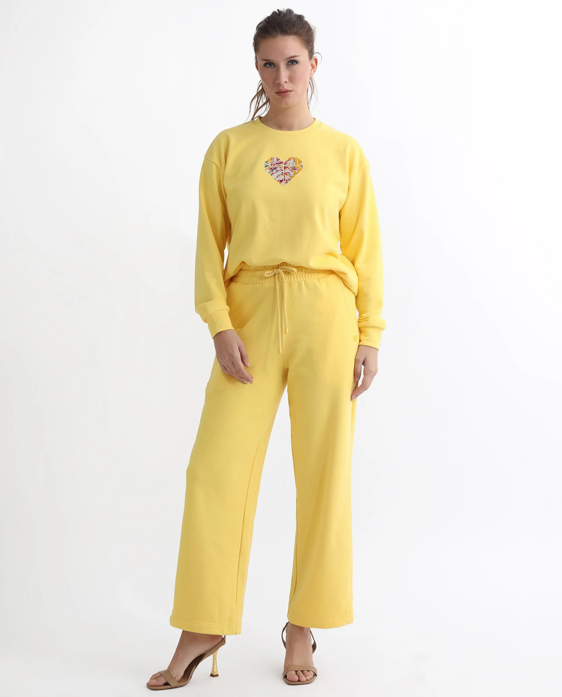 Rareism Articale Women Pazoo T Yellow Cotton Blend Fabric Drawstring Closure Flared Fit Plain Ankle Length Track Pant