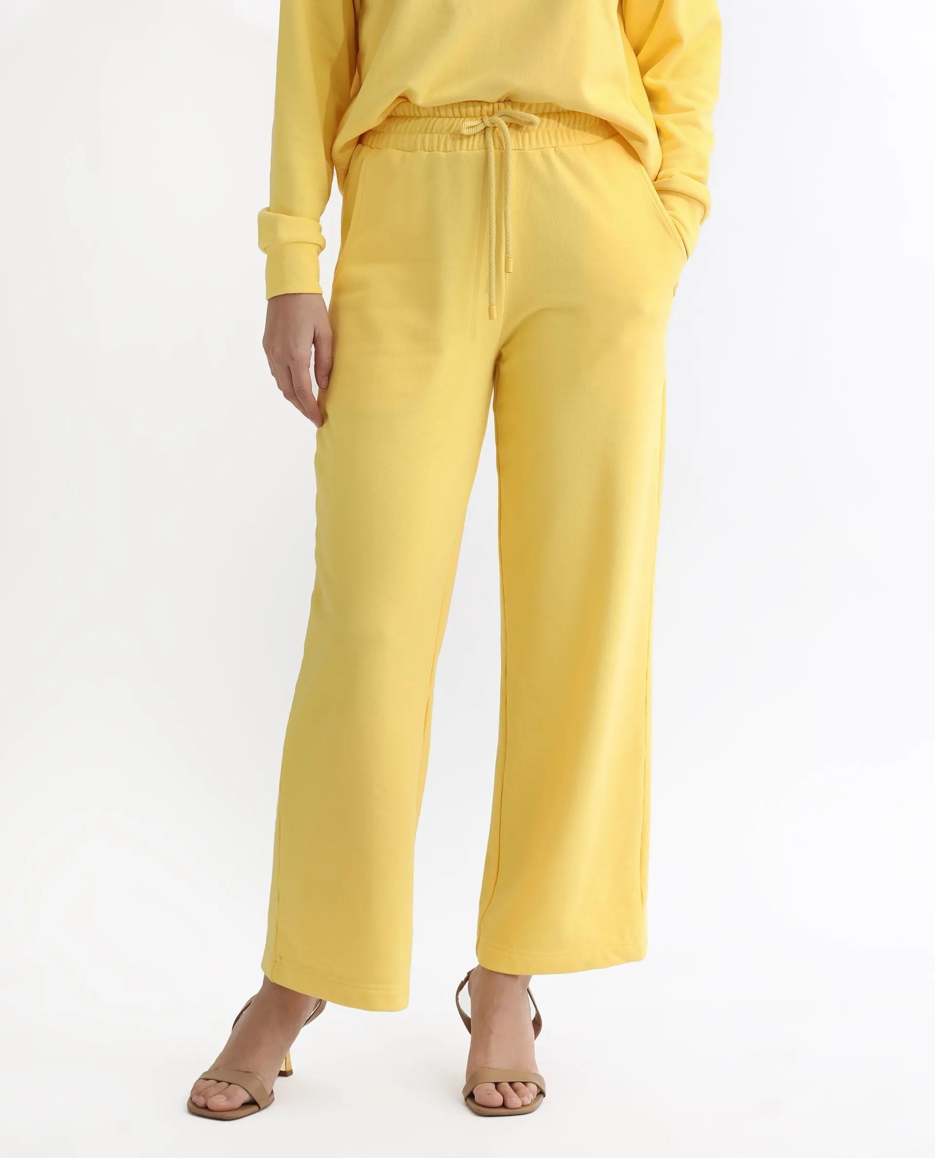 Rareism Articale Women Pazoo T Yellow Cotton Blend Fabric Drawstring Closure Flared Fit Plain Ankle Length Track Pant