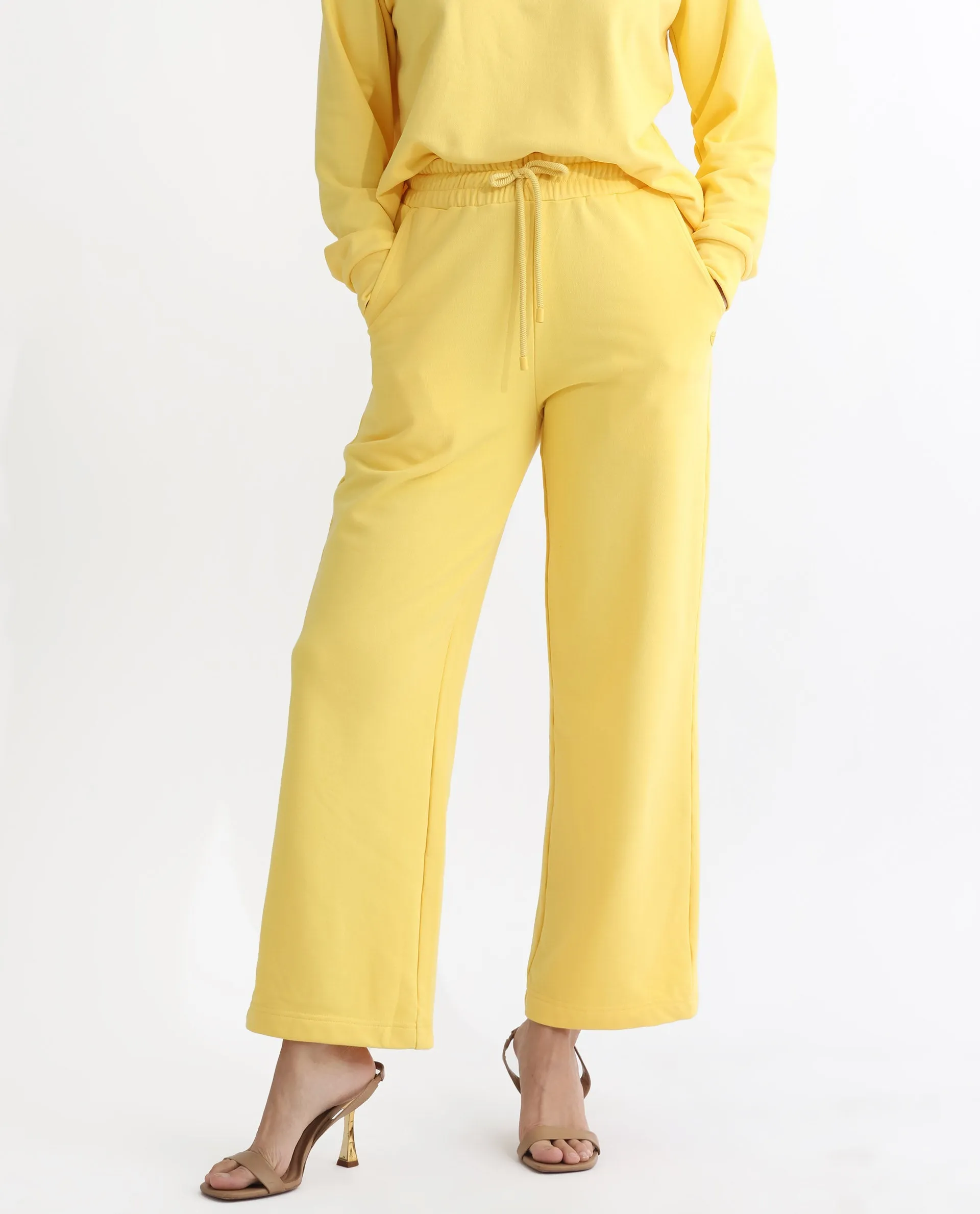Rareism Articale Women Pazoo T Yellow Cotton Blend Fabric Drawstring Closure Flared Fit Plain Ankle Length Track Pant