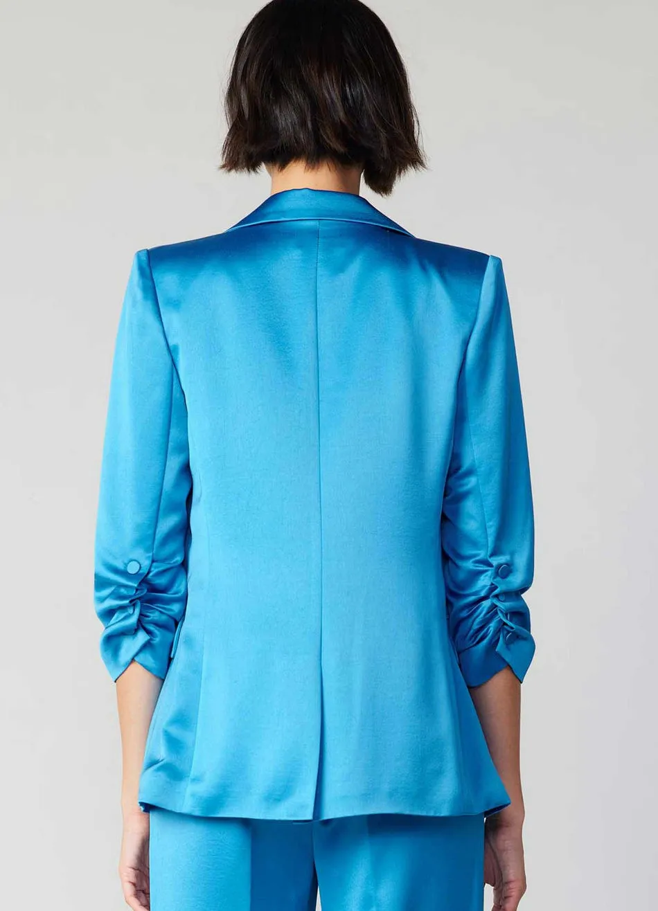 Vivid Sky Blue Satin Boyfriend Blazer