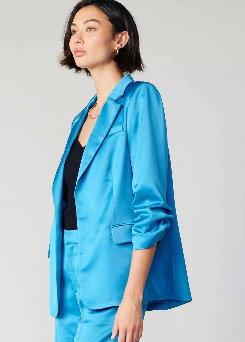 Vivid Sky Blue Satin Boyfriend Blazer