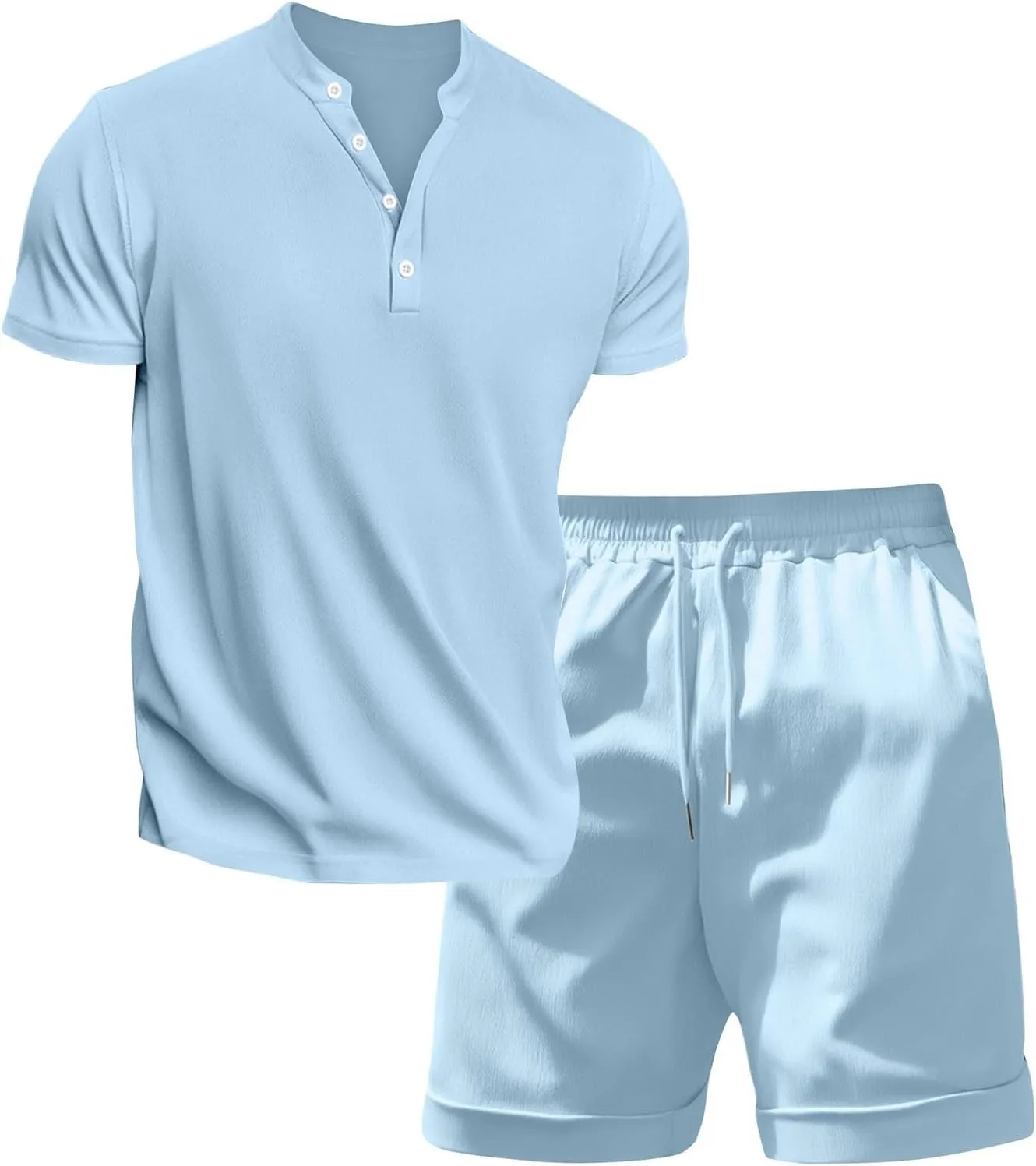 WENKOMG1 Cotton Linen Shirt Sets for Men Lightweight Breathable Summer Track Suits Lounge Henley Shirt and Shorts Suits