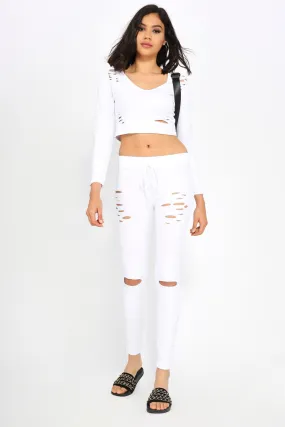 White Ripped Cropped V Neck Hoodie
