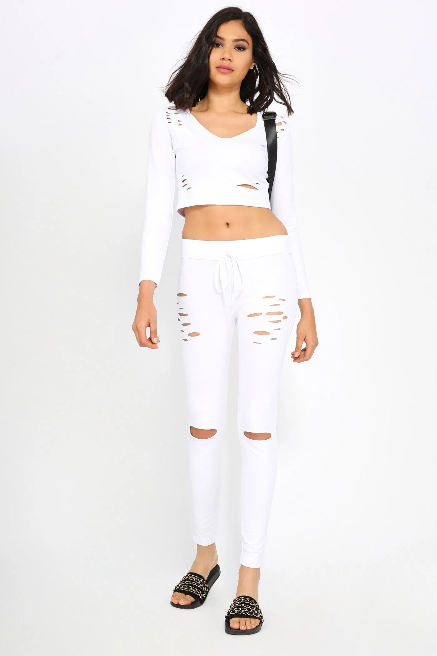 White Ripped Cropped V Neck Hoodie