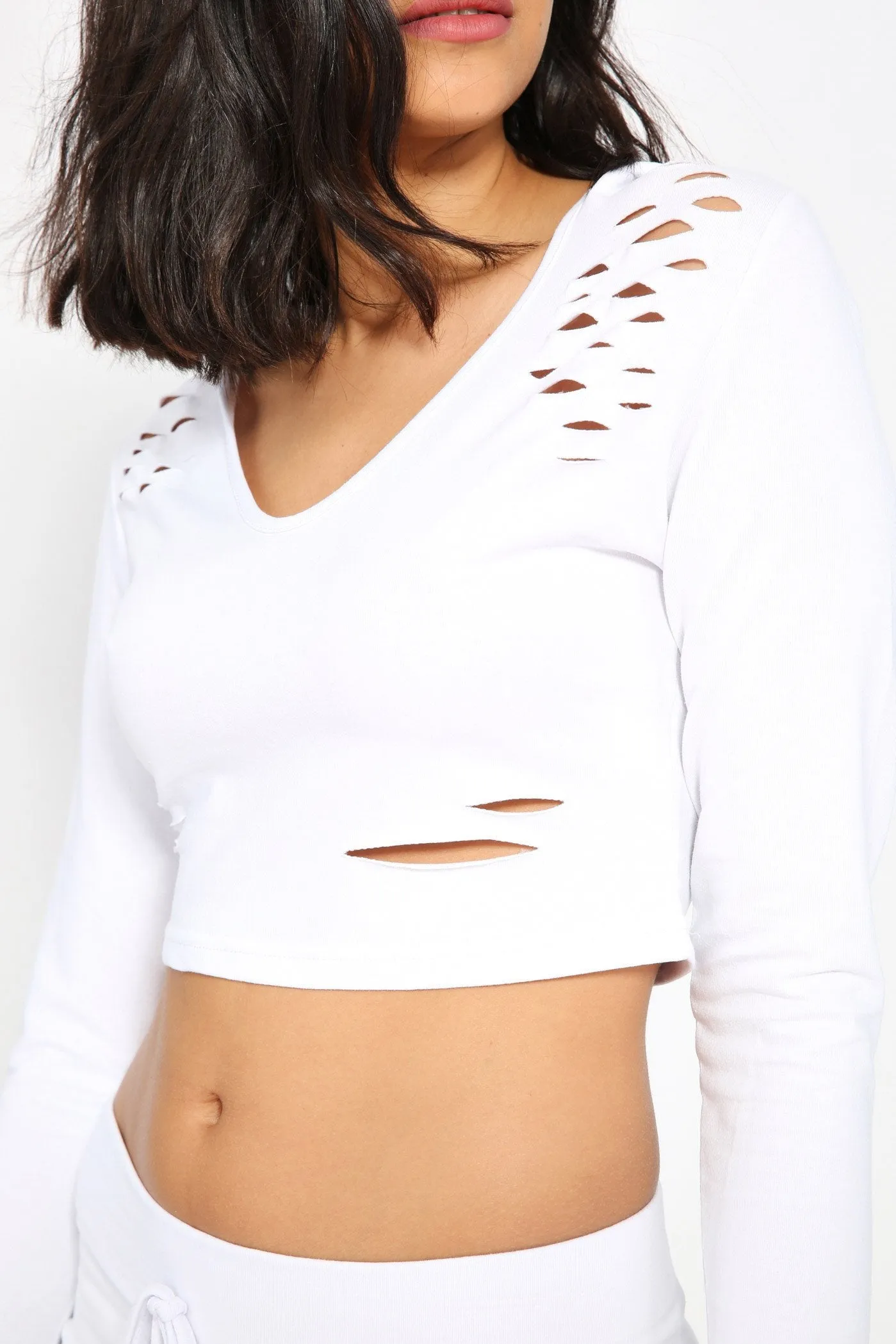 White Ripped Cropped V Neck Hoodie