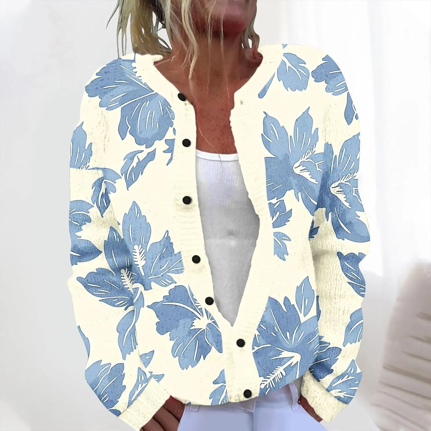 Women's Ugly Cardigan Sweater Crewneck Floral Printed Sweater Full-Button Loose Fit Long Sleeve Knitted Sweater