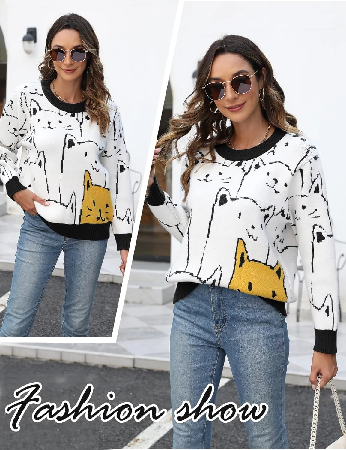 Yimoon Cat Sweater for Women Oversized Chunky Sweater Loose Long Sleeve Knit Pullover Sweater Top