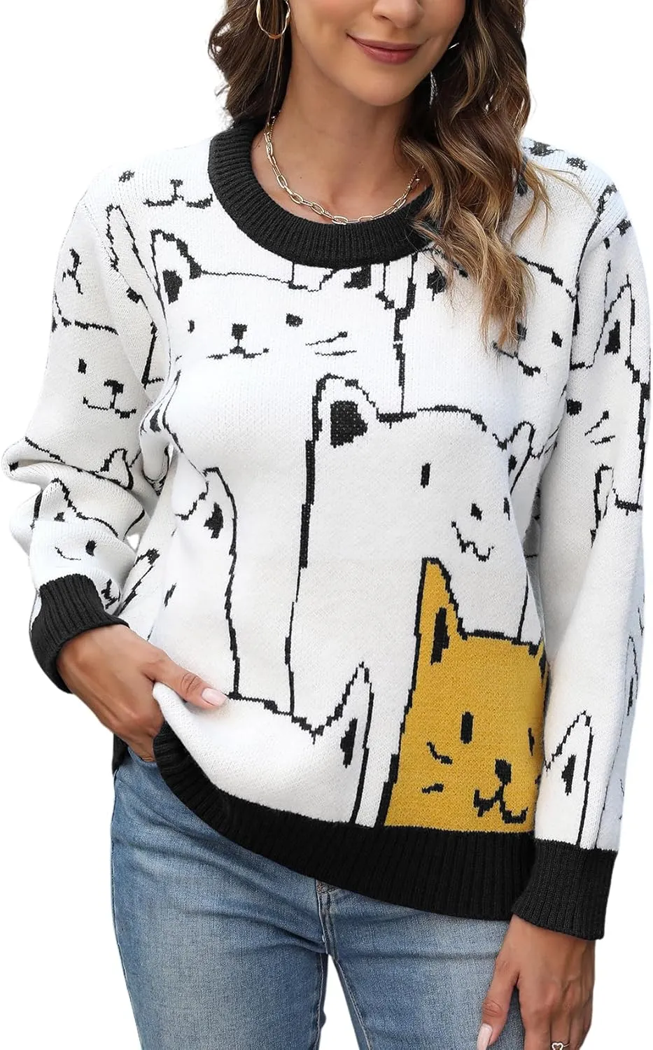 Yimoon Cat Sweater for Women Oversized Chunky Sweater Loose Long Sleeve Knit Pullover Sweater Top