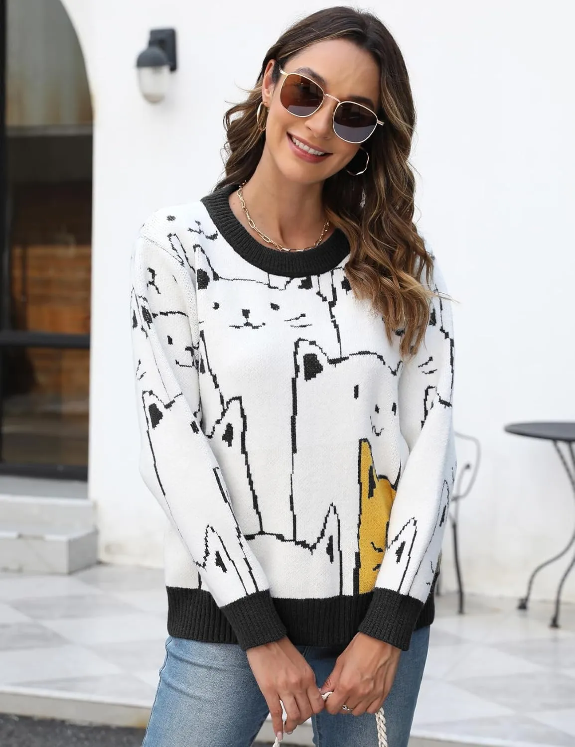 Yimoon Cat Sweater for Women Oversized Chunky Sweater Loose Long Sleeve Knit Pullover Sweater Top